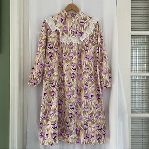 Purple and Cream Flannel Nightgown, Floral with Lacy Ruffles